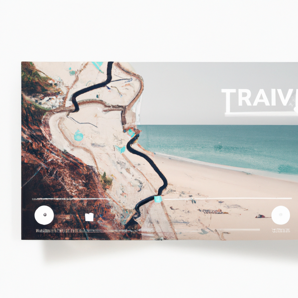 Coastal road map view with stamps and pins