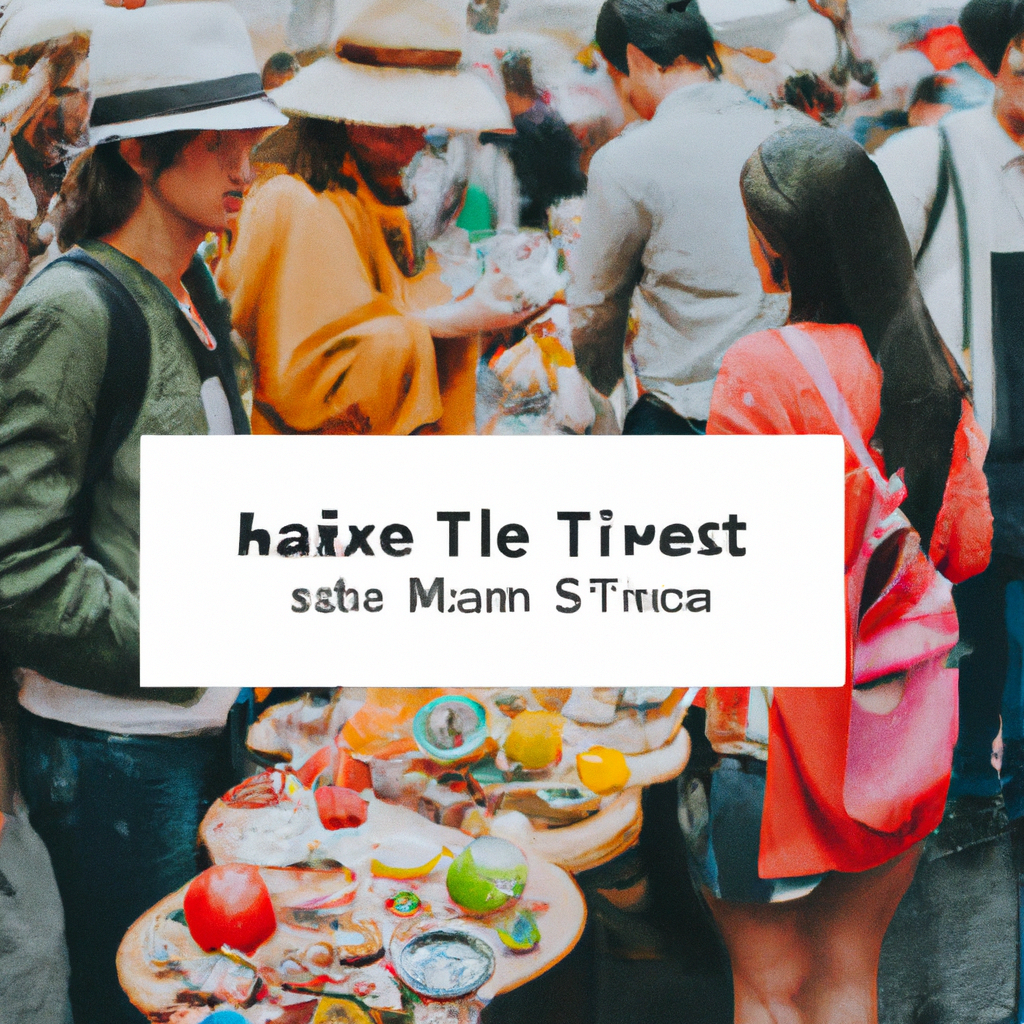 Travelers at a market with annotated pins and badges